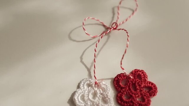 Handmade crochet Martisor with red and white flowers and entwined string &ndash; traditional Romanian and Moldovan spring symbol for March 1st. Representing rebirth, luck, and the end of winter.