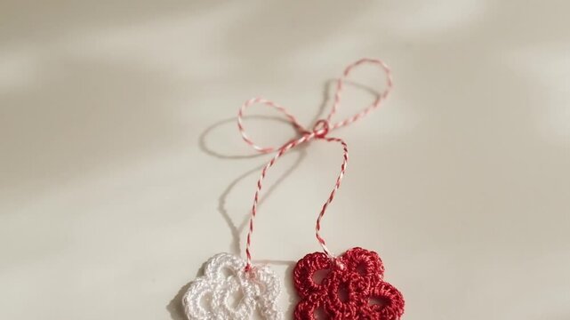 Handmade crochet Martisor with red and white flowers and entwined string &ndash; traditional Romanian and Moldovan spring symbol for March 1st. Representing rebirth, luck, and the end of winter.