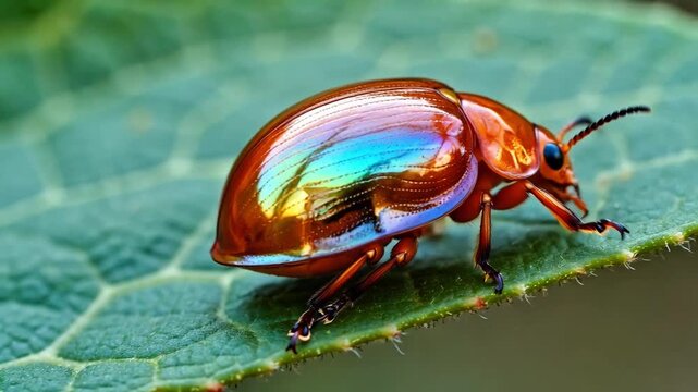 Stunning iridescent beetle on green leaf close-up