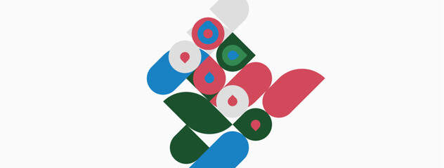 Fototapeta premium Abstract colorful shapes overlap white background. Geometric design features circles, squares, curves. Modern aesthetic, simple composition.