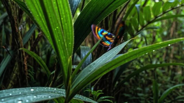 Vibrant butterfly perched on dewy leaf in lush tropical garden