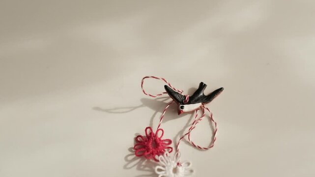 Handmade crochet Martisor with red and white flowers and entwined string &ndash; traditional Romanian and Moldovan spring symbol for March 1st. Representing rebirth, luck, and the end of winter.