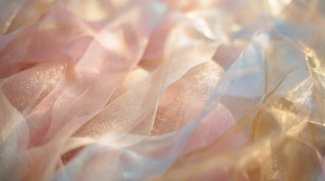 Close-up of shimmering pastel-colored translucent fabric draped in soft delicate folds catching the light