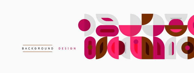 Obraz premium Abstract geometric shapes, muted colors, modern design elements. Background features overlapping circles, rectangles, curves. Minimalist aesthetic.
