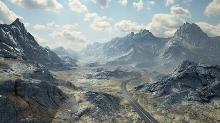 A photo of a winding road through a mountain range.
