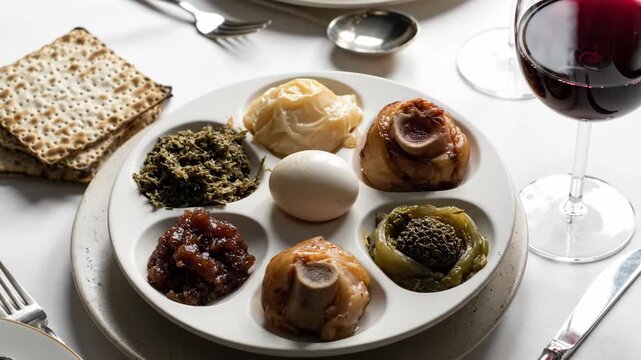 Passover Seder plate with traditional items, glass of red wine, and matzah for a festive religious holiday meal.