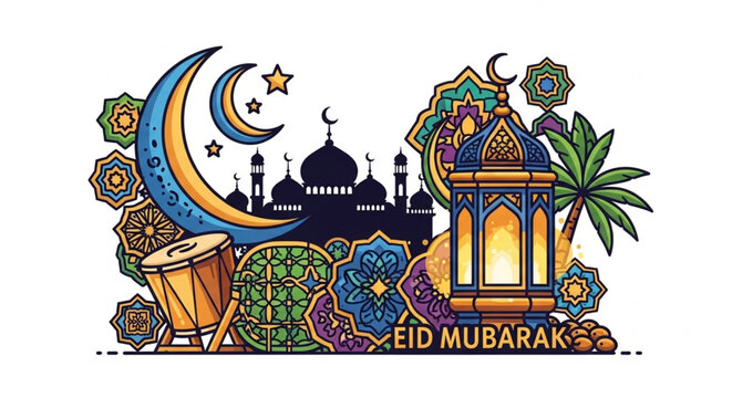 Vector ilustration of a mosque in ramadhan and Ied Mubarak 