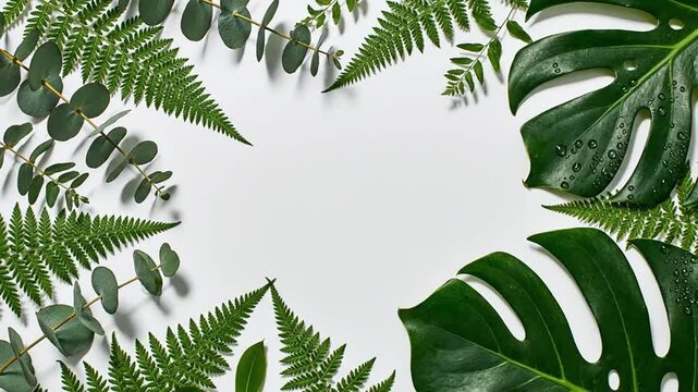 Fresh green leaves of monstera, fern, and eucalyptus arranged on isolated white background with copy space, natural and organic concept.