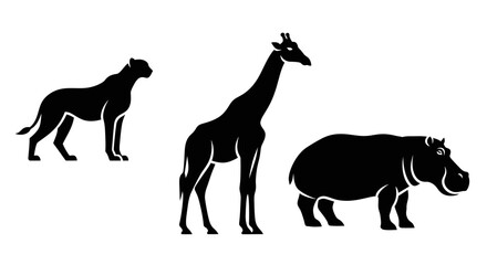 African Wildlife Silhouettes: Panther, Giraffe, and Hippopotamus
