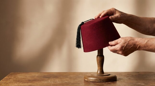 A person's hands placing a traditional red felt fez hat with a black tassel onto a wooden display stand.