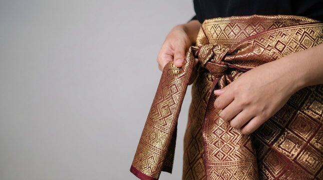 A woman's hands tying a traditional, ornate red and gold silk sarong or sampot around her waist.
