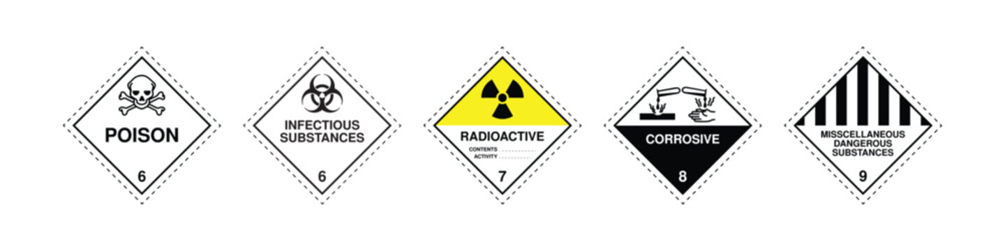 Dangerous Goods Hazard Labels Set &ndash; Poison Class 6, Infectious Substances, Radioactive Class 7, Corrosive Class 8, Miscellaneous Dangerous Substances Class 9