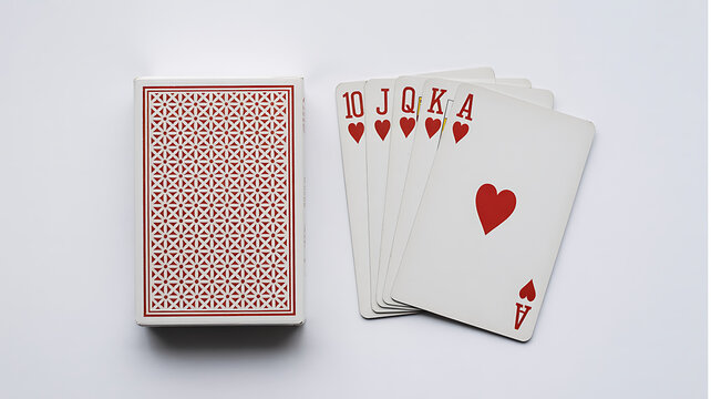 Playing cards flat lay with ace and hearts on white background for love gambling poker game concept