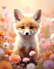 Fototapeta premium Baby-Fuchs in zartem Blütenmeer