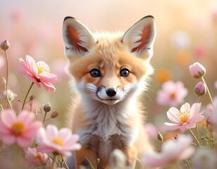 Fototapeta premium Baby-Fuchs in zartem Blütenmeer