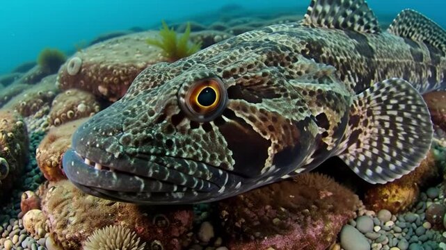 Lizardfish in the Ocean: An intriguing close-up of a lizardfish, showcasing its distinctive mottled pattern, resting amidst the ocean floor. Experience the mysteries of the deep sea.