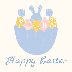 Fototapeta premium Easter holiday banner and greeting poster with bunny basket of eggs and spring flowers pastel flat vector illustration