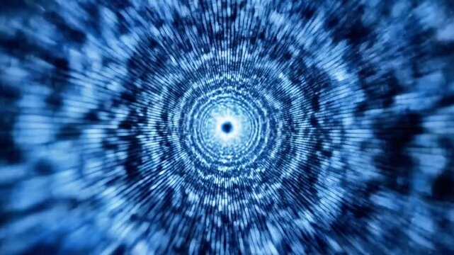A mesmerizing blue tunnel of light and energy radiating from a central point, with vibrant beams and dots emanating outward in a spiral pattern