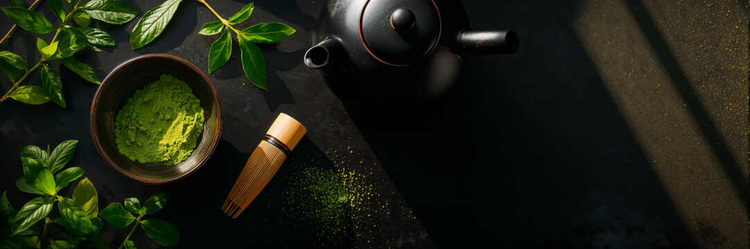 dry matcha, whisk, teapot, tea leaves on a dark table