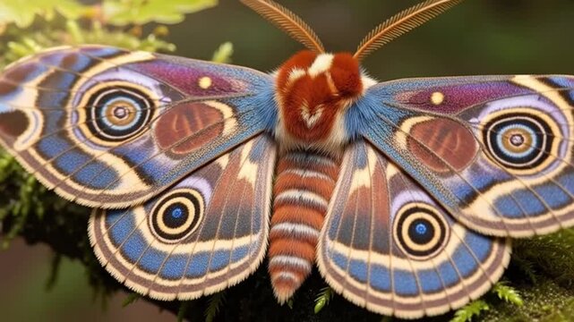 Emperor Moth's Regal Display: A close-up reveals the stunning beauty of an Emperor Moth, showcasing its intricate wing patterns and vibrant colors as it perches gracefully on a moss-covered branch.