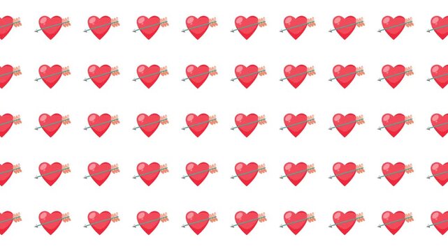 Repeating pattern of red hearts pierced with arrows. Suitable for valentines day designs, romantic themes, and loverelated projects. Perfect for greeting cards, textiles, and social media.