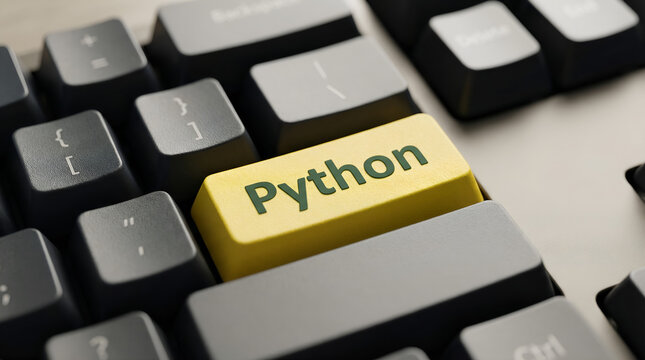 High-angle view of a computer keyboard with a highlighted yellow 'Python' key, symbolizing programming and software development concepts