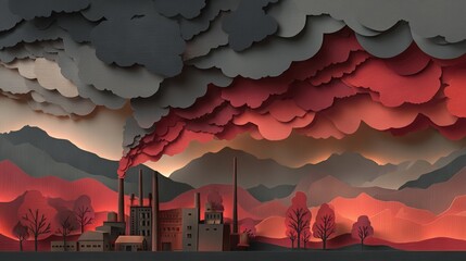 Dark Factory Emitting Thick Smoke Into the Sky with Dramatic Clouds