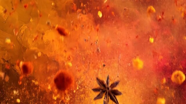 Sphere of star anise and spices on vibrant red and orange smoky textured background, food concept.