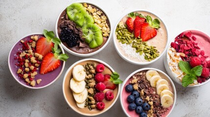 Colorful Smoothie Bowls with Fresh Fruits and Toppings on a Light Background