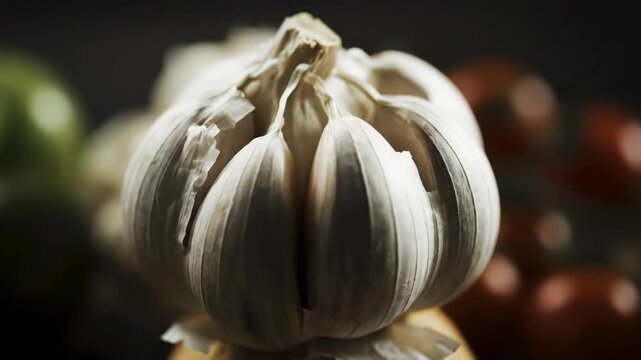 Close-up of fresh garlic bulb and cloves on wooden background, ingredient.
