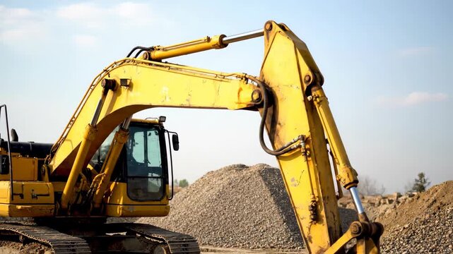 Yellow excavator digs into gravel pile at construction site under blue sky.