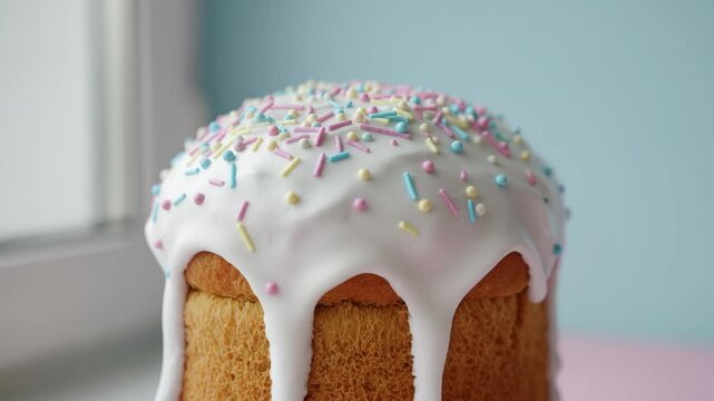 Traditional easter kulich cake with thick white dripping glaze and colorful pastel sprinkles on top, festive holiday baking concept