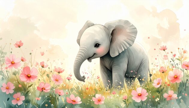 Baby-Elefant im cremefarbenen Bl&uuml;tenfeld