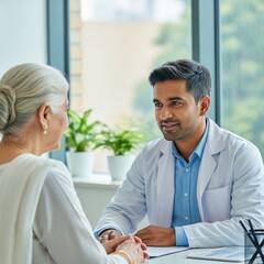 Obraz premium Kind Doctor Consults Elderly Woman Patient at Desk in Modern Clinic, Showing Empathy, Compassion, and Care, Realistic Style, Healthcare, Indoors.