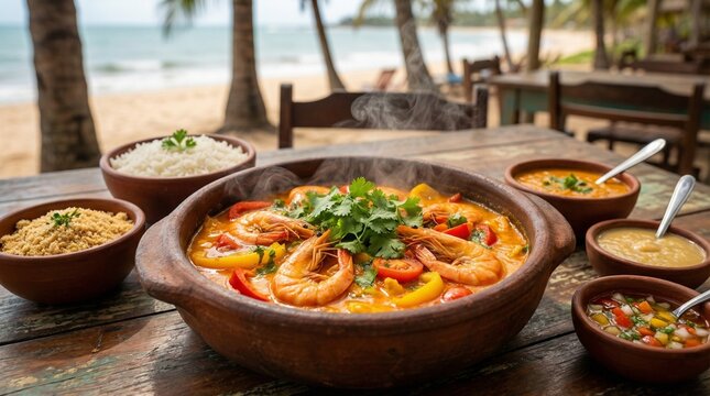 Traditional Brazilian shrimp moqueca served in a clay pot with coconut milk and dend&ecirc; oil, accompanied by rice, farofa, pir&atilde;o and vinaigrette on a rustic beachside table.