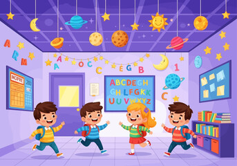 Happy Kids Running in Colorful School Hallway Cartoon Illustration