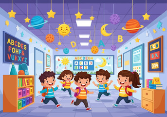 Happy Kids Running in Colorful School Hallway Cartoon Illustration
