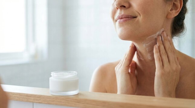 Woman applying anti-aging firming cream to her neck and jawline for skin care in front of a mirror.