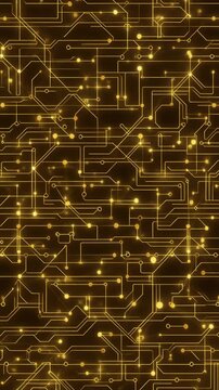 Abstract digital glowing circuit board pattern, technological background in golden-yellow hues