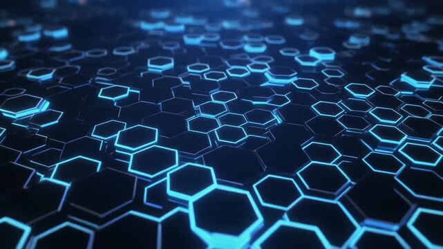 Abstract technological background featuring a complex network of glowing blue hexagons, symbolizing data flow, digital connectivity, and futuristic innovation