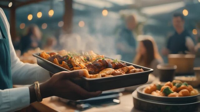 Chef serving tray of food at restaurant warm tones soft lighting culinary