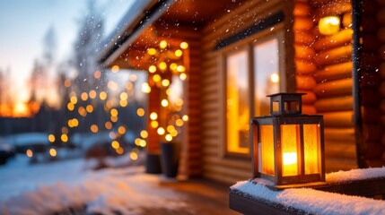 Obraz premium Cozy Rustic Cabin with Soft Bokeh Glow Illuminating Winter Evening