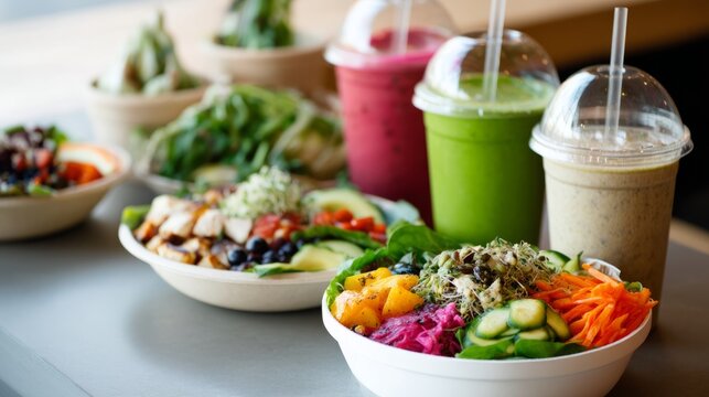 Colorful Bowls and Smoothies in Fast Casual Restaurant Setting