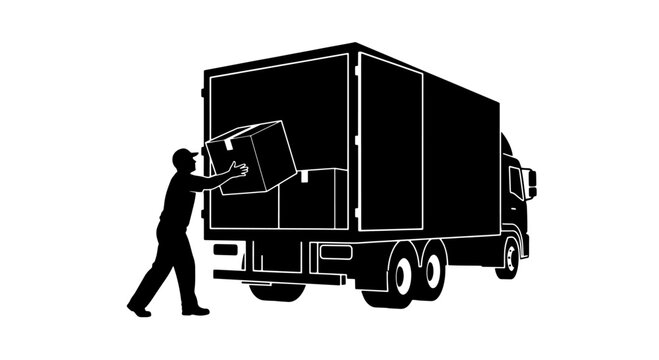 A person loading boxes into the back of a large delivery truck, illustrating logistics and transportation.