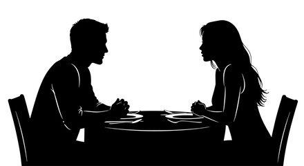 Silhouette of a man and a woman sitting at a table, facing each other, engaged in a conversation or a romantic date. © Maulana