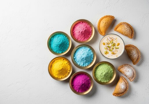 Colorful Holi powder (gulal) in brass bowls with sweet gujia and Thandai drink. Indian festival celebration background for culture and tradition.