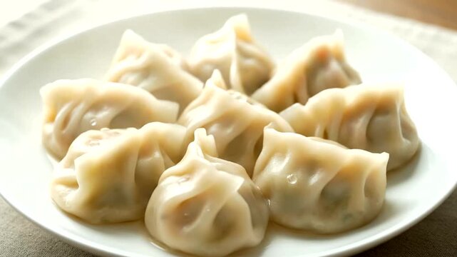 Delicious Homemade Dumplings Steaming Hot on a White Plate, Ready to Eat.
