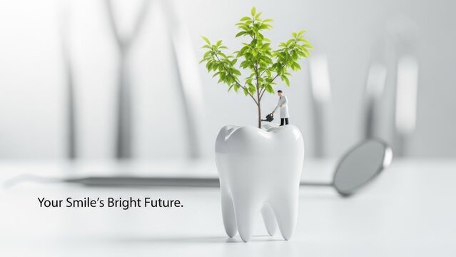 Miniature dentist watering green tree growing on healthy white molar tooth with dental tools in background, concept of oral care, growth, sustainability, future