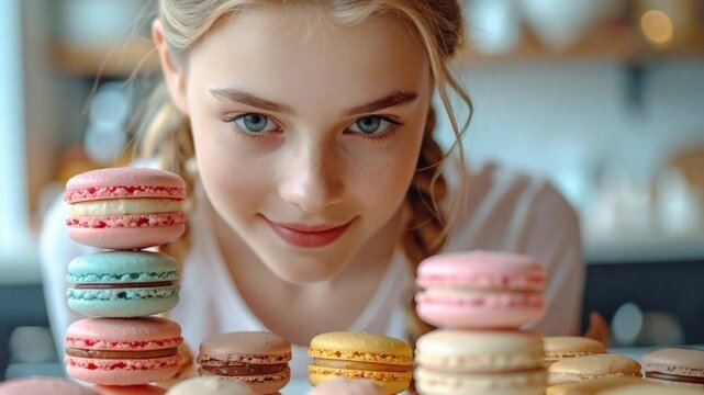 Young girl smiling and admiring a colorful assortment of delicious macarons