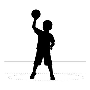 Silhouette of a young boy holding a ball above his head, ready to play a sport or game.